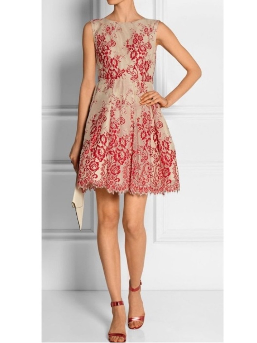 Alice+Olivia Red Floral Silk Combo Fit and Flare Dress NWT